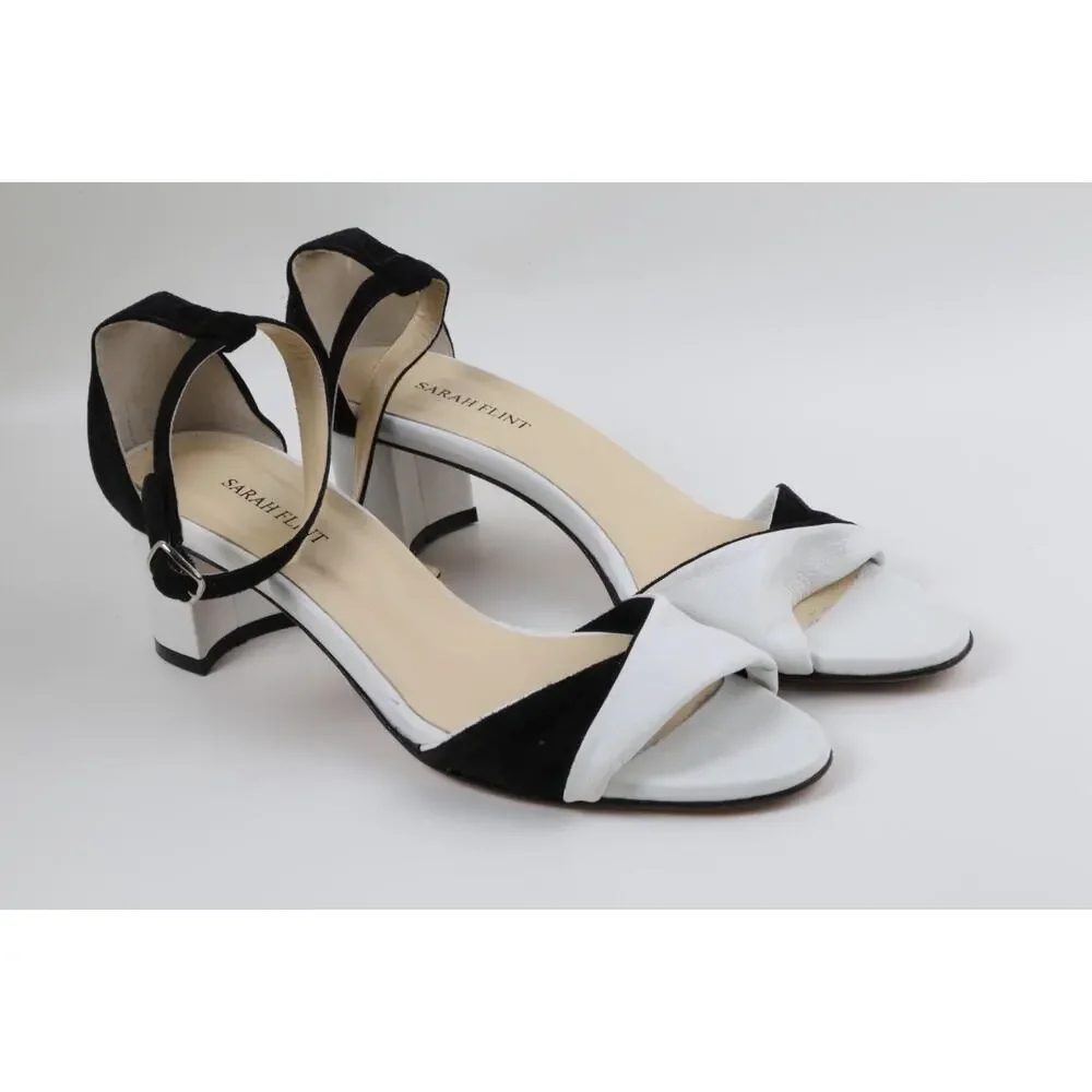SARAH FLINT Handmade Black White Suede Leather Block Ankle Strap Sandals Size 39 - Picture 9 of 16